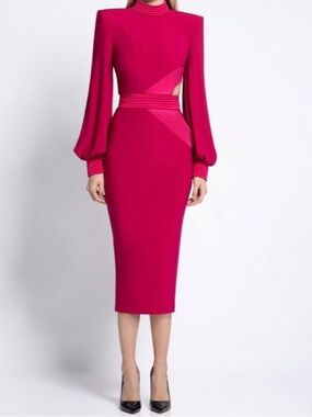 Zhivago Fuchsia Midi Dress with Cutout Waist and Bishop Sleeves, pre-owned. Sz 8